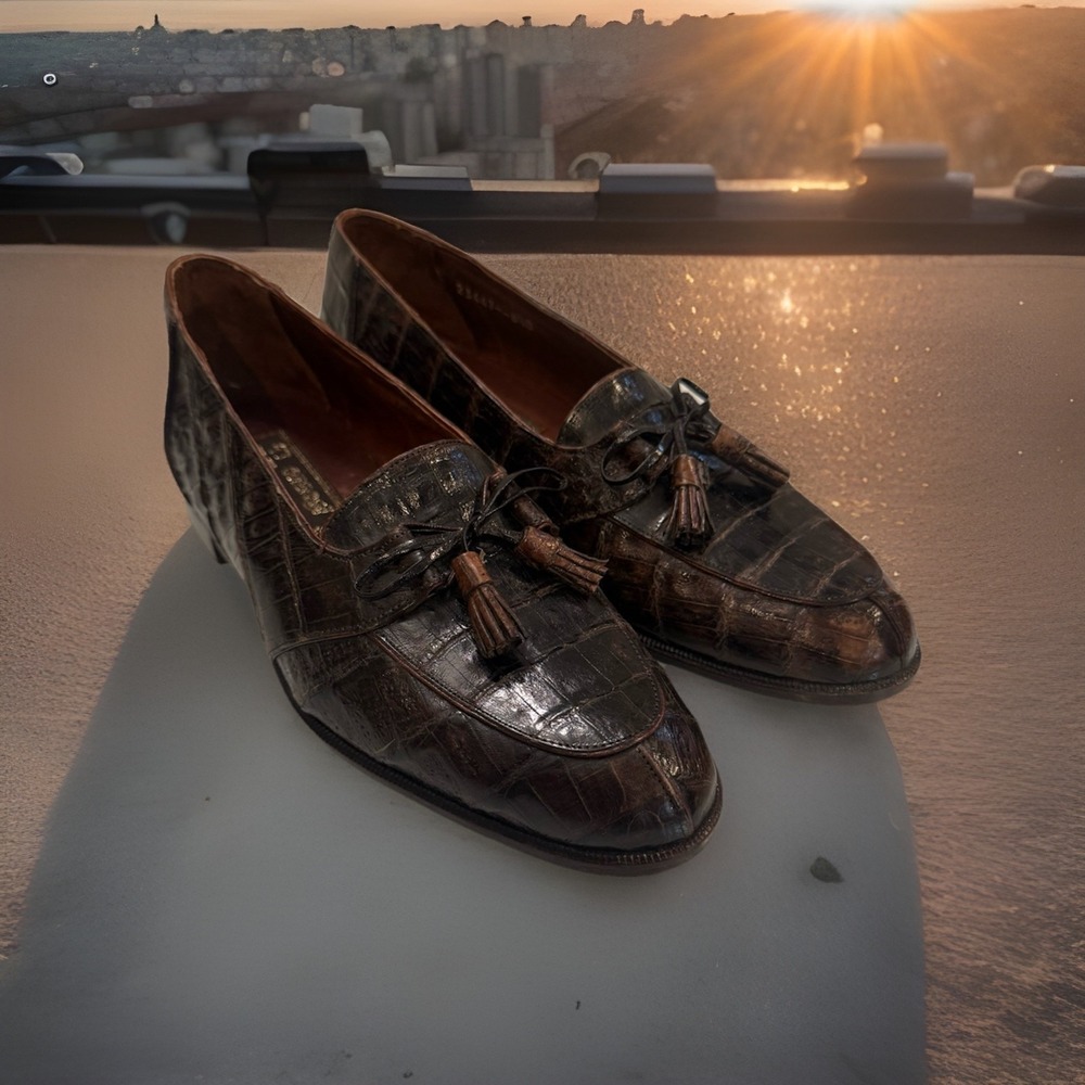 Ennesi Genuine Alligator Tasseled Loafers Mens 8.5 D Brown Slip On Leather VTG